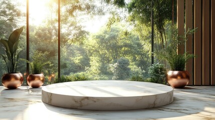Fototapeta premium Serene Garden View: Marble Display in a Peaceful, Sunlit Room