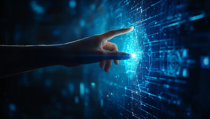 A Human Hand Reaching Out To Touch A Glowing Blue Digital Interface