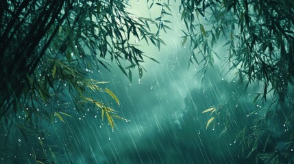 Rain falling through lush green bamboo leaves. Perfect for illustrating tranquility, nature, or a rainy season theme.