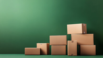 cajas de carton para paqueteria sobre un fondo verde vacio con espacio de copia servicio de mensajeria a domicilio