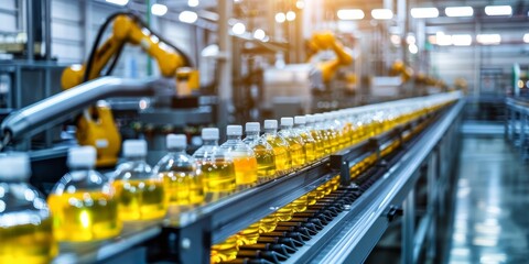 Naklejka premium A production line with robotic arms filling bottles with yellow liquid in a factory setting.