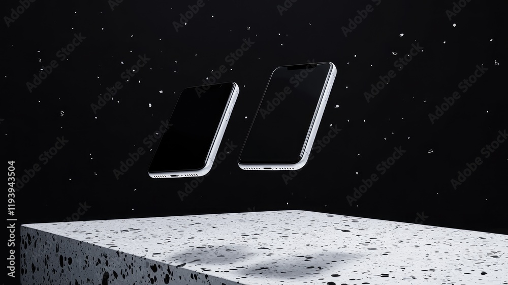 Poster A modern tech mockup with two smartphones floating above a terrazzo surface, presented in clean design against a dark background for a high-tech look