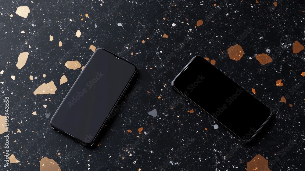 Poster a modern tech mockup with two smartphones floating above a terrazzo surface, presented in clean desi