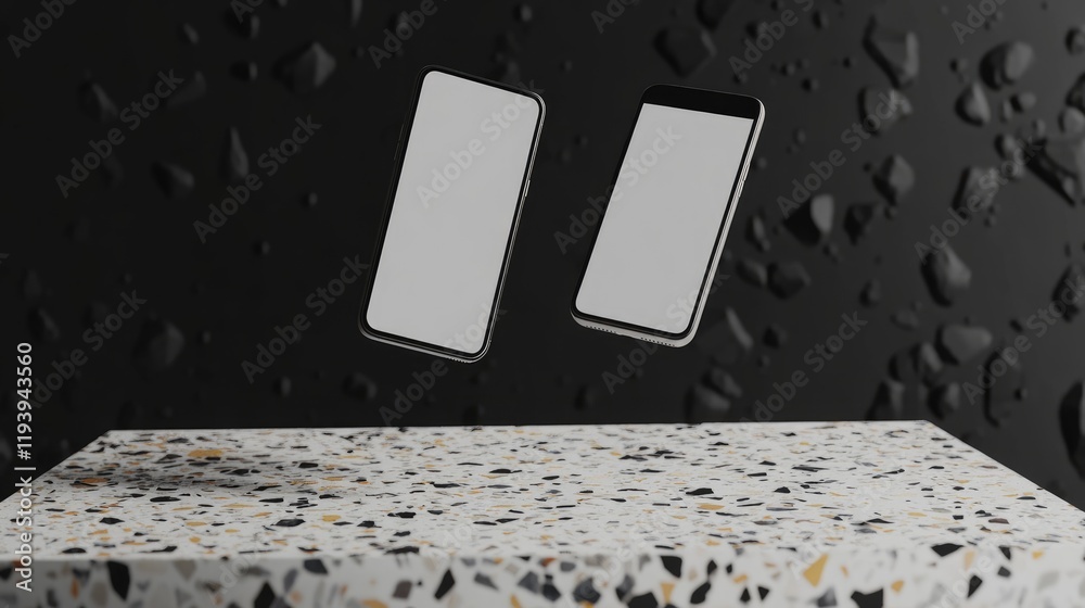 Poster a modern tech mockup with two smartphones floating above a terrazzo surface, presented in clean desi