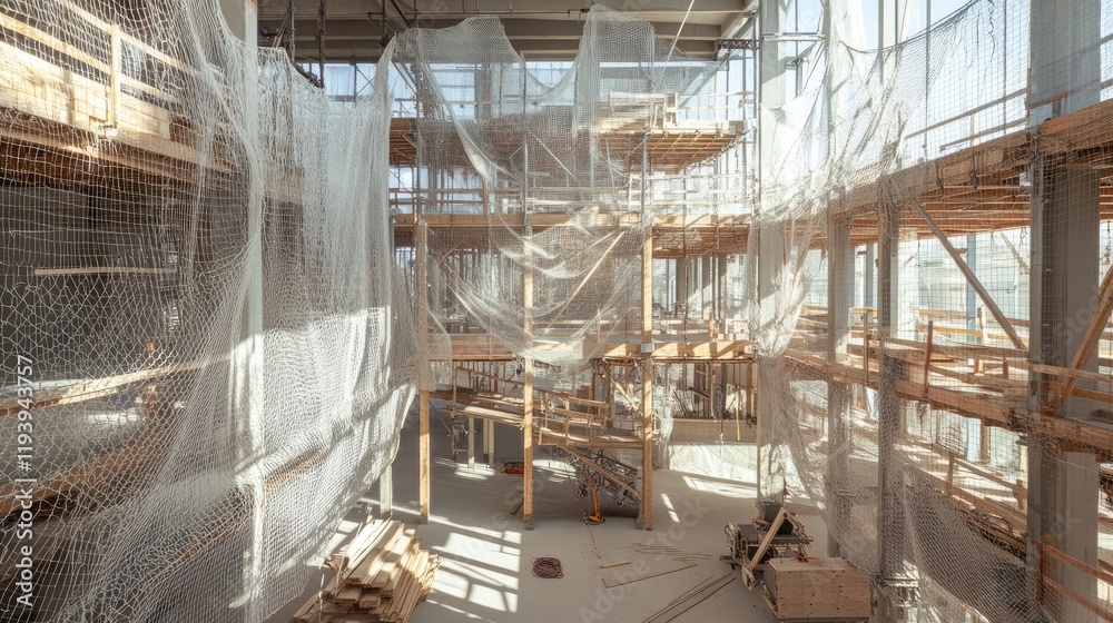 Poster a multi-level construction site with safety nets and structural beams, ideal for articles on urban d