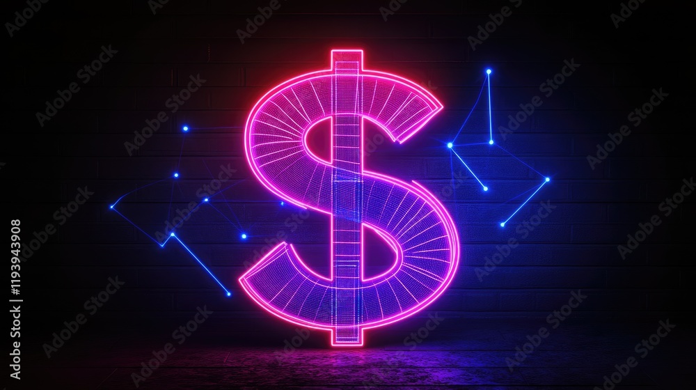 Poster a neon glowing dollar sign with interconnected lines and blue dots on a dark background, representin