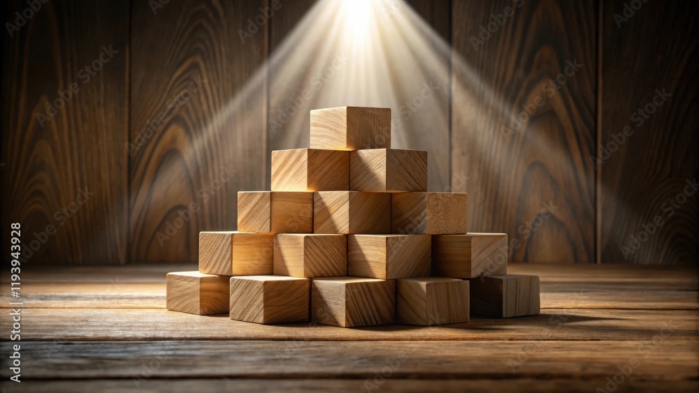 Aufkleber illuminated wooden cubes arranged in a pyramid on a rustic table