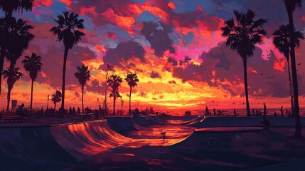 Vibrant sunset over skate park with palm trees and people. (1)