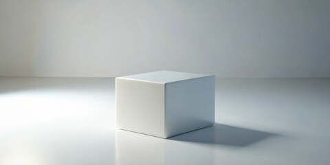 Obraz premium A single, off-white cube sits on a pristine white surface, illuminated by a soft light source casting a subtle shadow.