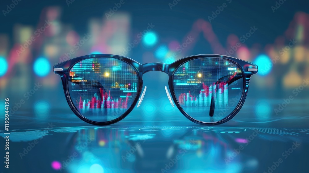 Poster a pair of glasses with financial charts and graphs projected onto them, set against a blue backgroun