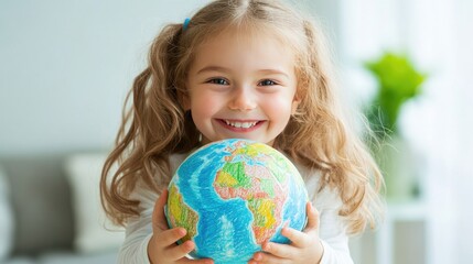 A Nordic kid's happy, hand-drawn globe on a white background with green nature, conveying the message of protecting the Earth and celebrating Earth Day.