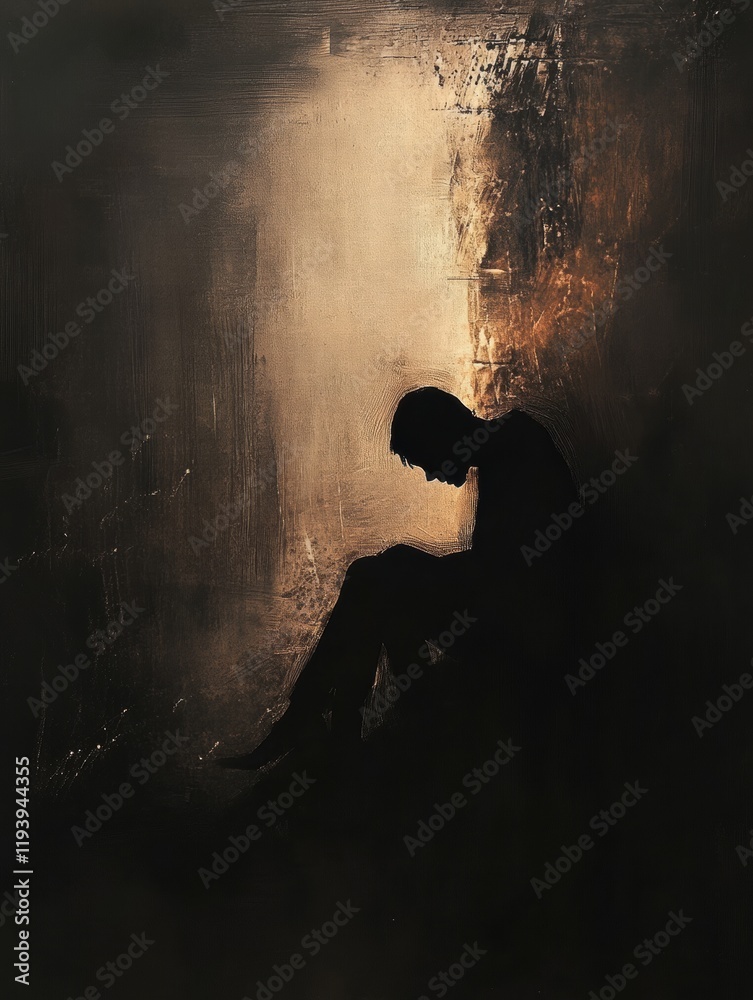 Poster Person in shadow reflects on emotional struggles amid abstract turmoil in a dimly lit space. Generative AI