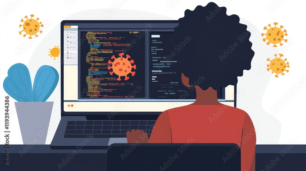 Poster A person in front of a laptop, with virus alerts and cybersecurity coding errors on the screen, highlighting the importance of digital security measures
