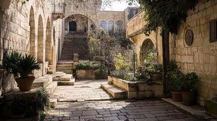 Naklejka premium A panoramic view of the ancient city of Jerusalem with historical buildings, stone streets, and sacred sites, symbolizing the Holy City and its rich religious history.