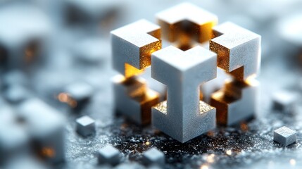 White cube structure with gold joints on textured surface, small blocks background.