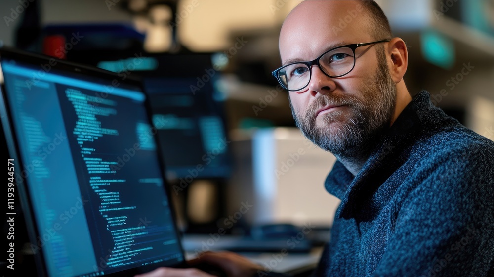 Poster A person with a laptop displaying coding errors and a virus alert on the screen, symbolizing cybersecurity risks and challenges in the digital age
