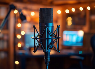 A Microphone With A Recording Broadcasting And Podcast Studio In A Bright Colourful Setting