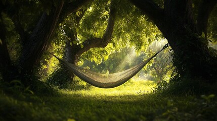 Serene hammock nestled between trees in a sunlit garden.