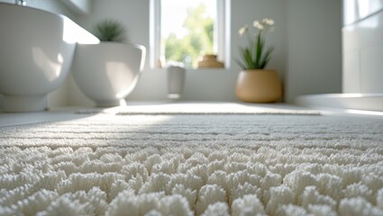 Sharply focused photograph of bathroom mat with bokeh background