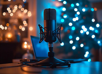 A Microphone With A Recording Broadcasting And Podcast Studio In A Bright Colourful Setting