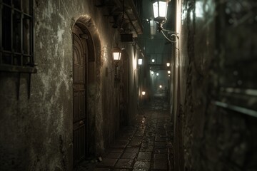 A dimly lit alleyway with cobblestone pavement and vintage lanterns, evoking a mysterious atmosphere.