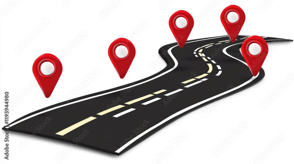 Poster a road with red location markers on a white backdrop, highlighting the idea of journey and direction