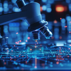 A Futuristic Holographic Microscope Focused On A Glowing Circuit Board With Light Source In Nanotechnology Research