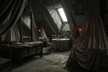 A dimly lit attic room with draped furniture and a round table, evoking a sense of nostalgia and mystery.