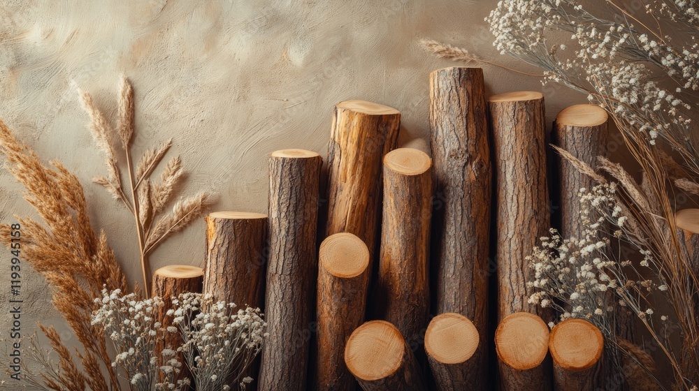 Poster A rustic scene of pine logs stacked in a pile, emphasizing the texture and natural patterns of wood for a lumber background.