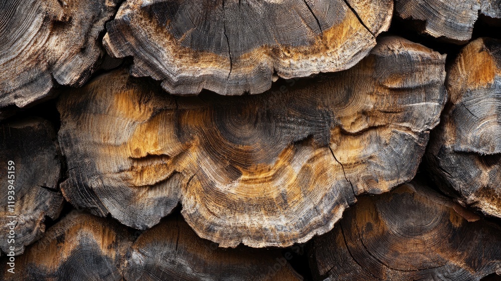 Poster A rustic scene of pine logs stacked in a pile, emphasizing the texture and natural patterns of wood for a lumber background.