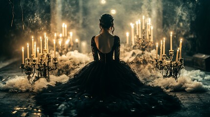 Woman in black gown seated amidst lit candles.
