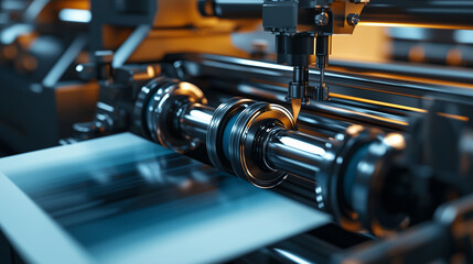 Naklejka premium A modern printing press with shiny ink rollers transferring color onto large sheets of paper