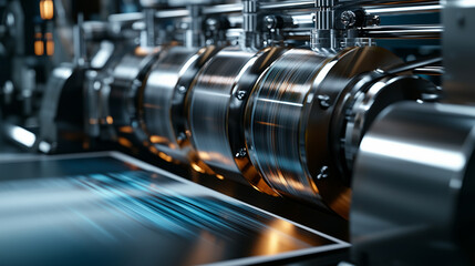 Fototapeta premium A modern printing press with shiny ink rollers transferring color onto large sheets of paper