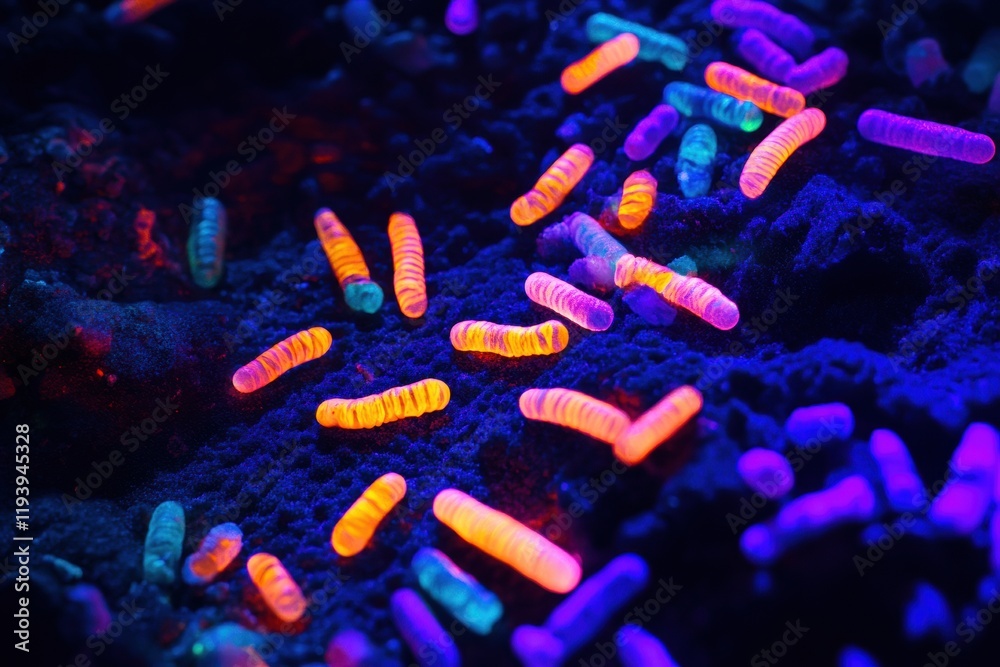 Poster glowing bacteria emit vibrant colors under uv light in a dark environment. generative ai