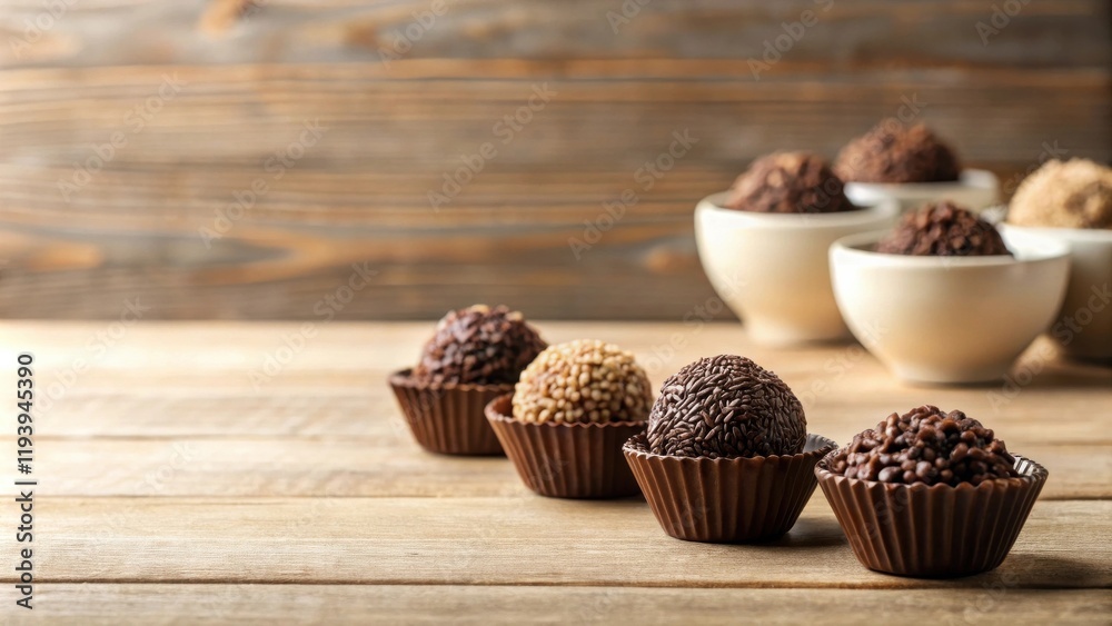 Poster a delectable arrangement of assorted chocolate truffles in individual paper cups, displayed on a rus
