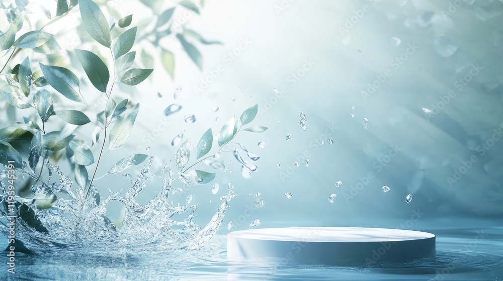 Poster a serene scene featuring a white round podium with soft leaf shadows and water splash effects on a l
