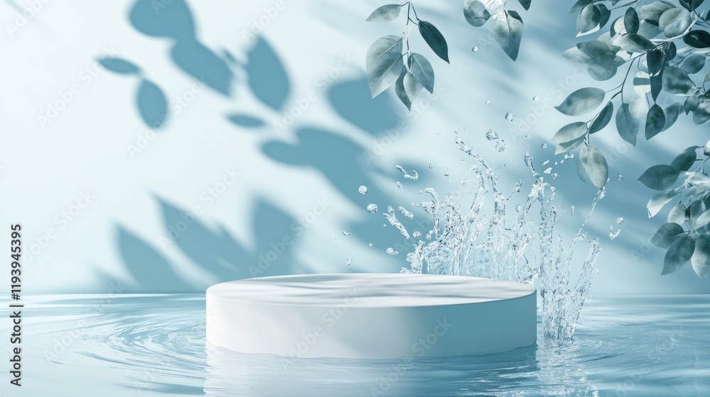 Poster a serene scene featuring a white round podium with soft leaf shadows and water splash effects on a l