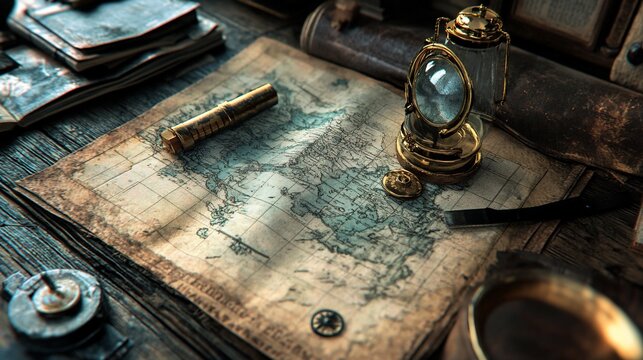 Antique map, compass, lantern, and nautical tools on a wooden desk.