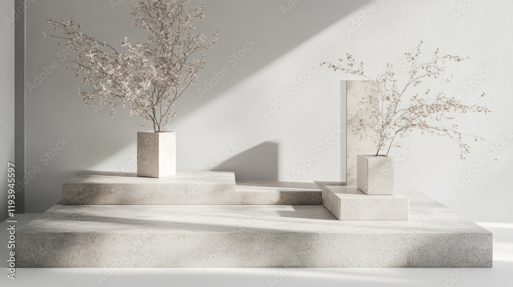 Poster a set of modern concrete podiums on a neutral gray backdrop, perfect for showcasing products in an e