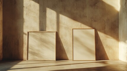 A serene setup of two modern blank frames on the floor, against a stucco wall, illuminated by sunlight, with ample space for art in the scene