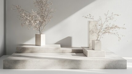 A set of modern concrete podiums on a neutral gray backdrop, perfect for showcasing products in an elegant, minimalist design.