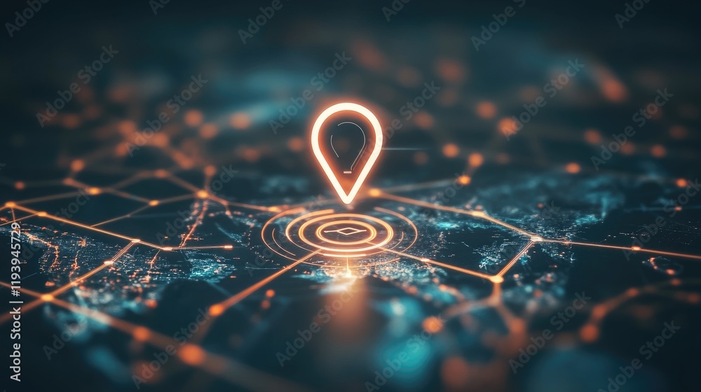 Poster a sleek airplane flying through a geolocation icon over a digital world map, symbolizing global conn