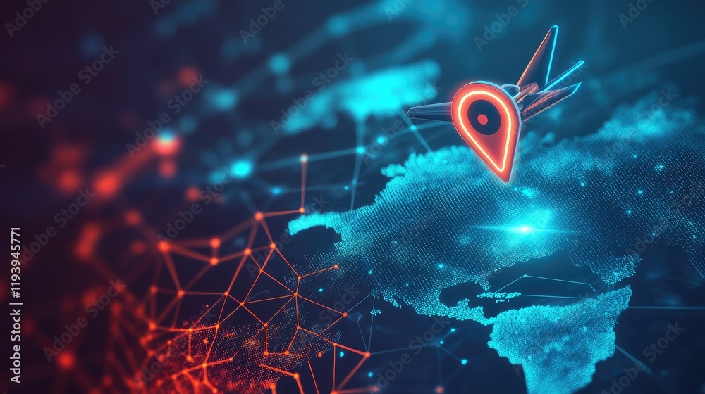 Poster a sleek airplane flying through a geolocation icon over a digital world map, symbolizing global conn