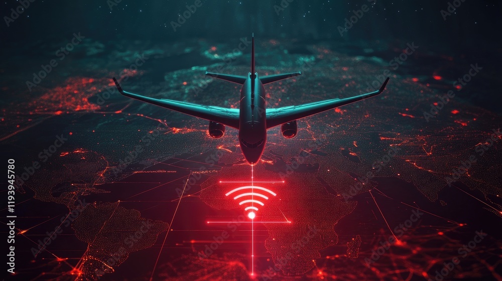Poster a sleek airplane flying through a geolocation icon over a digital world map, symbolizing global conn