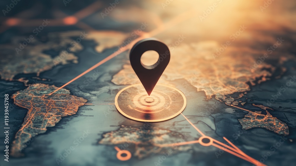 Poster a sleek airplane flying through a geolocation icon over a digital world map, symbolizing global conn