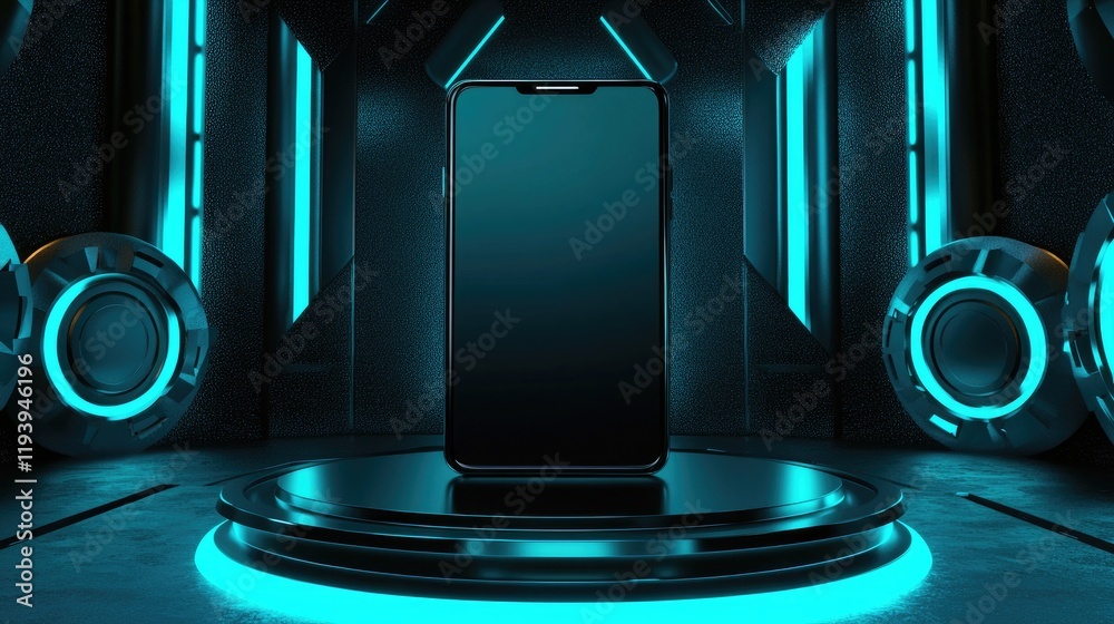 Poster A sleek vertical smartphone with a blank display on a podium, highlighted by glowing teal circular elements and a futuristic background