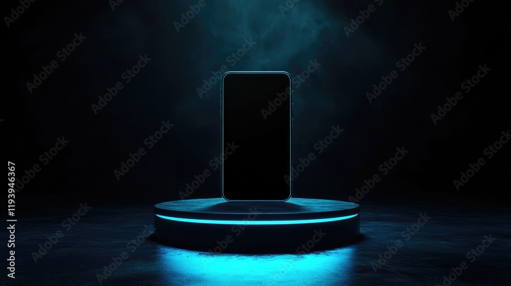 Poster a smartphone on an illuminated pedestal with a blank screen, contrasted by a dark background, emphas