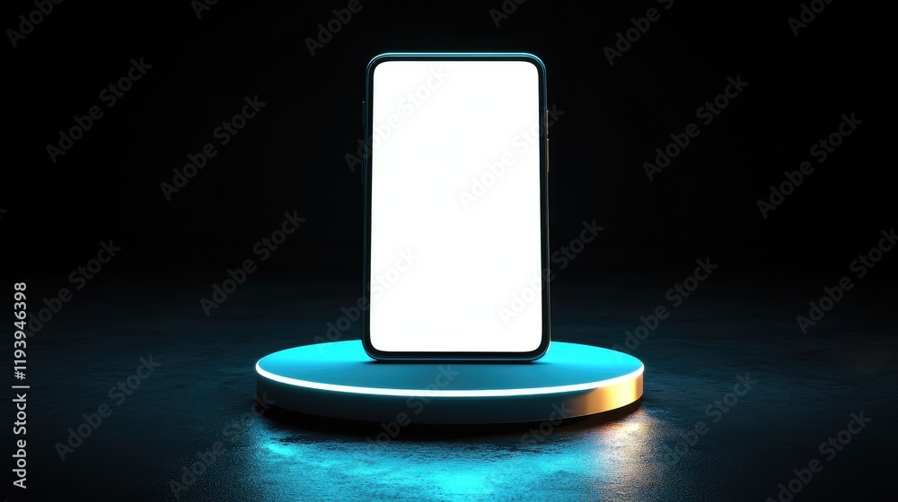 Poster a smartphone on an illuminated pedestal with a blank screen, contrasted by a dark background, emphas