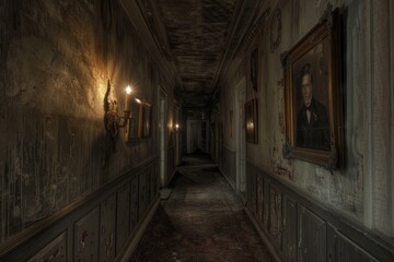Fototapeta premium A dimly lit, eerie hallway with peeling walls and vintage portraits, evoking a sense of mystery.