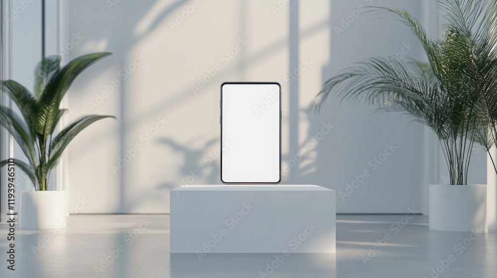 Aufkleber a smartphone with a blank screen displayed on a white podium at a modern exhibition stand, with a sl